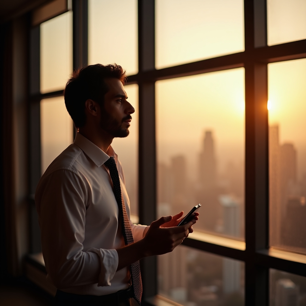 Nachdenkliche Person schaut aus einem Fenster mit Smartphone in der Hand